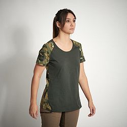 SOLOGNAC Dámske poľovnícke bavlnené tričko 300 s krátkym rukávom zelené maskovanie khaki M